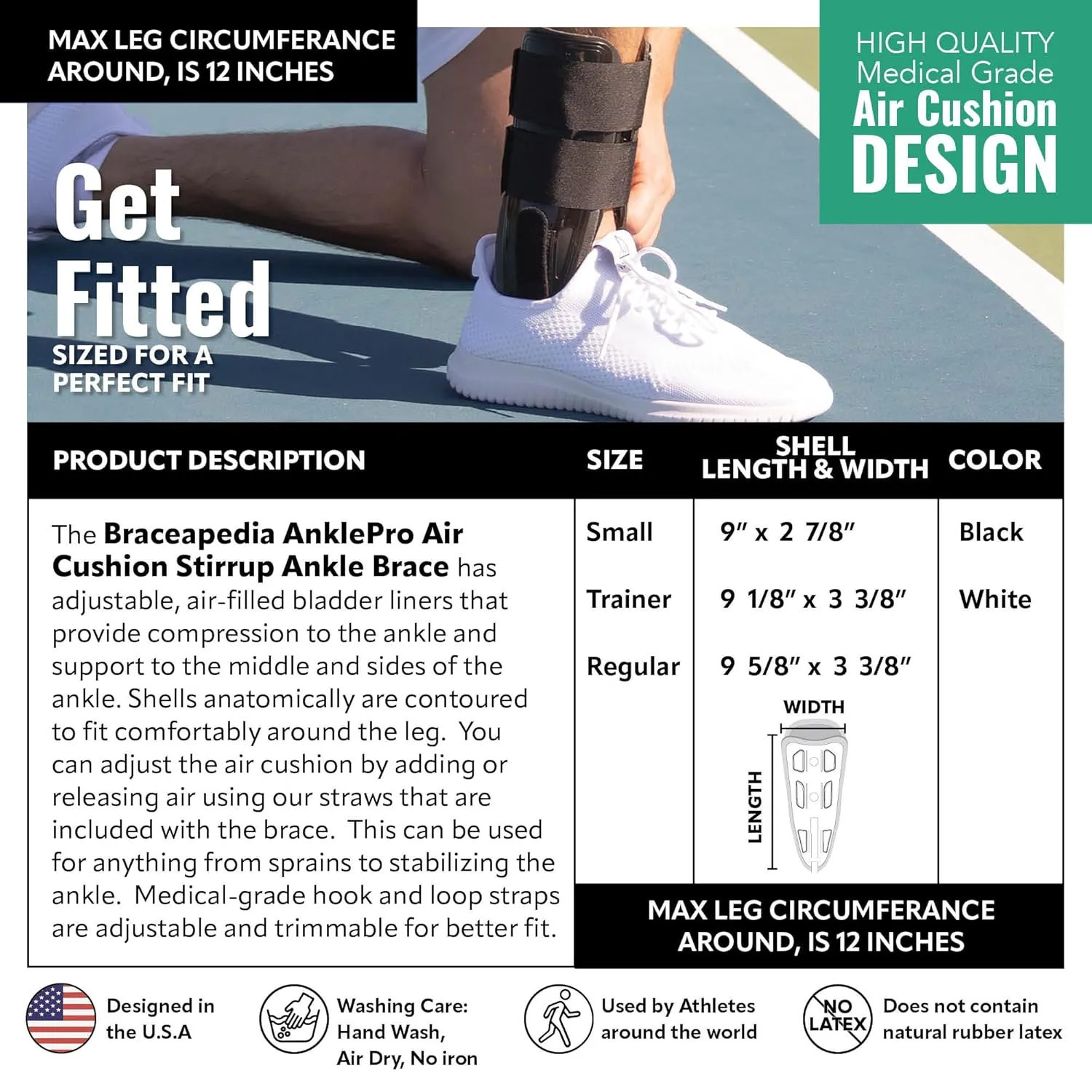 AnklePro Air Cushion Stirrup Ankle Brace, Ankle Support 3-Strap Stabilizers With Customizable Air Cushion and Foam Pads, Ankle Brace for Women and Men, Trainer, Black