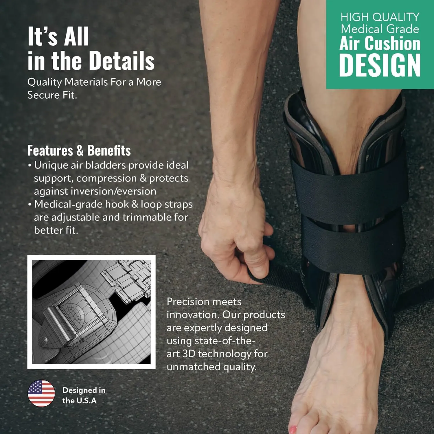 AnklePro Air Cushion Stirrup Ankle Brace, Ankle Support 3-Strap Stabilizers With Customizable Air Cushion and Foam Pads, Ankle Brace for Women and Men, Trainer, Black