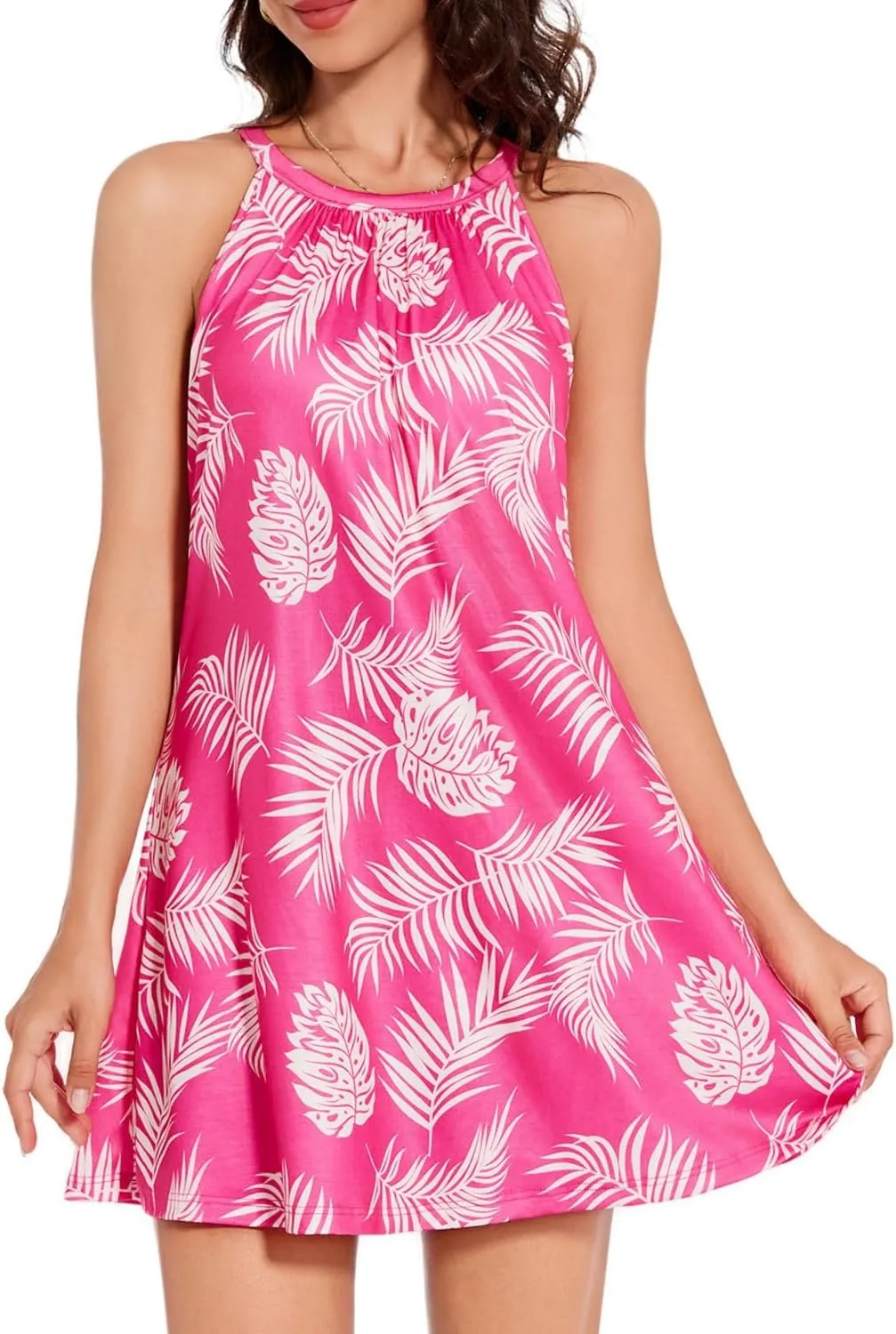 ANYFITTING Summer Dress with Built in Bra Casual Beach Sundress Flowy Halter Mini Short Dresses for Women 2025