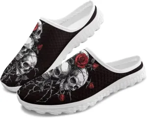 Art Skull Design Women Mesh Mules Memory Foam Flat Anti-Slip Fashion Sneakers Comfortable Slip-On Mule Garden Shoes