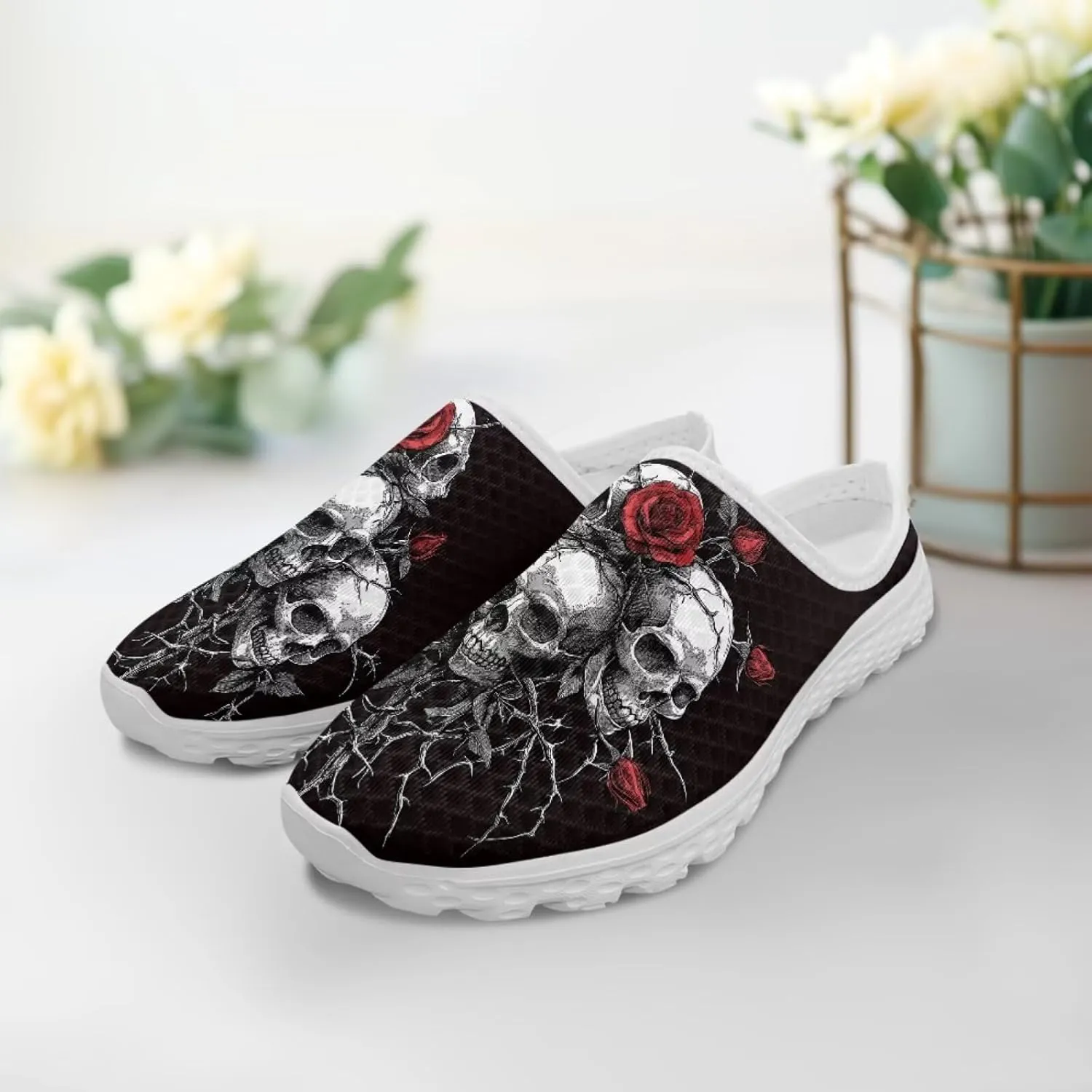 Art Skull Design Women Mesh Mules Memory Foam Flat Anti-Slip Fashion Sneakers Comfortable Slip-On Mule Garden Shoes