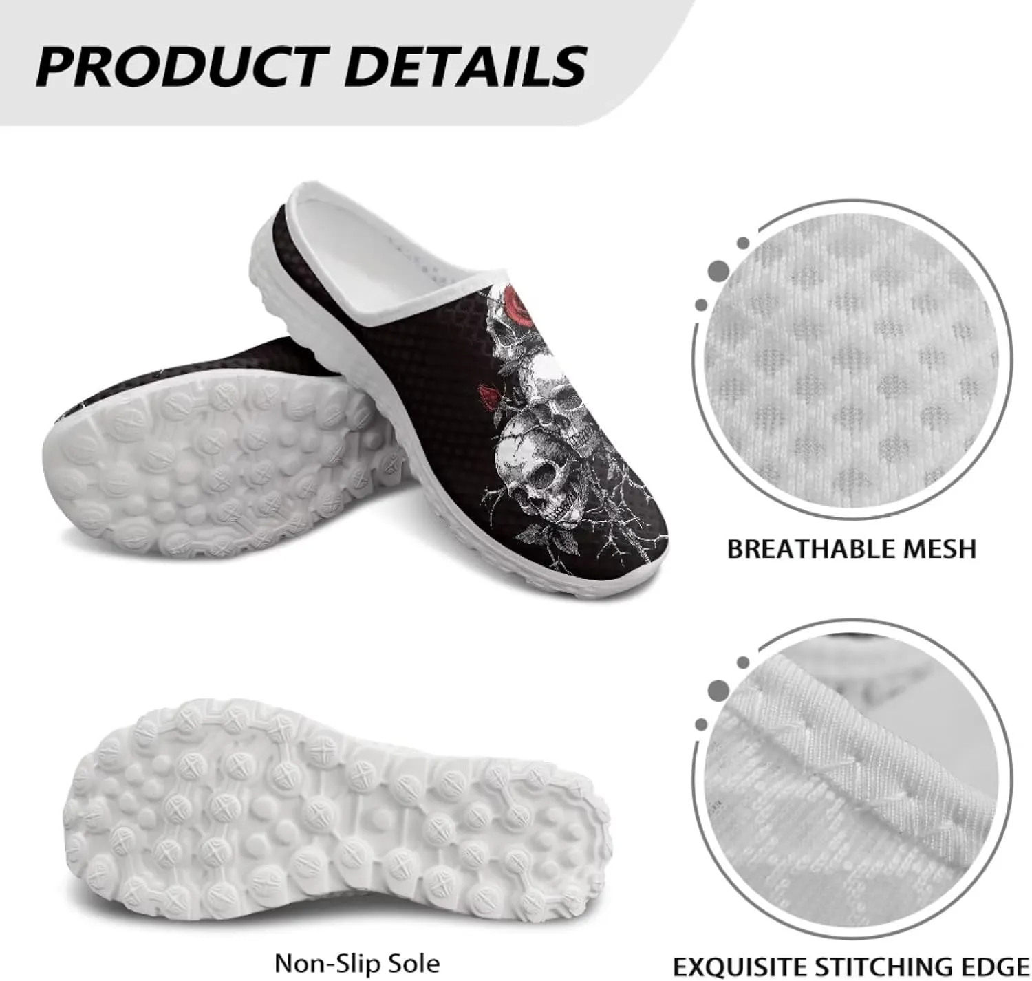 Art Skull Design Women Mesh Mules Memory Foam Flat Anti-Slip Fashion Sneakers Comfortable Slip-On Mule Garden Shoes