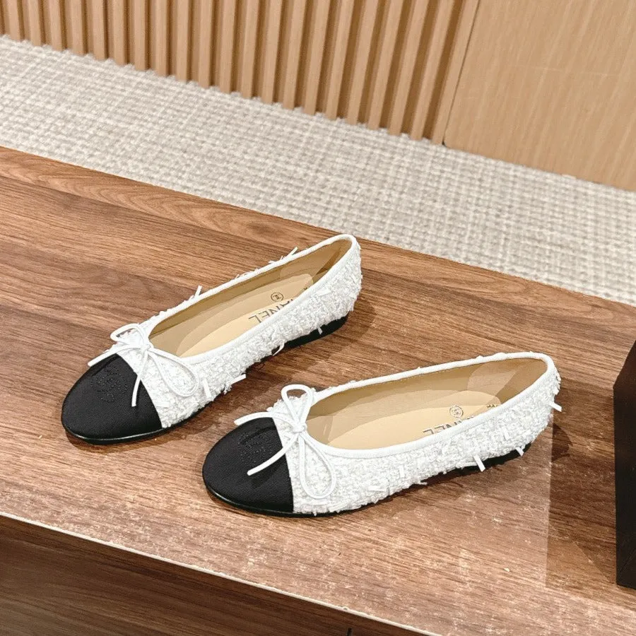 ballet flat white tweed black grosgrain