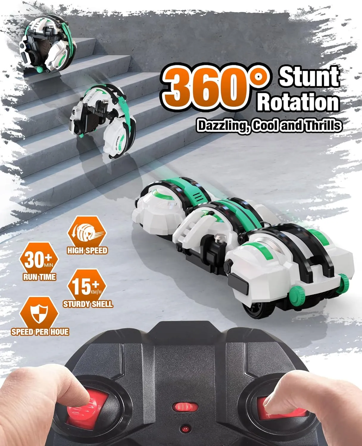 BAZADER RC Car with LED Lights - Remote Control Car Snakes 360° Roll Toy, Birthday for Kids Age 7 8 9 10 11  Year Old, 2 Batteries 60 min, Indoor/Outdoor Toy for 6-12 yr Teen Boys
