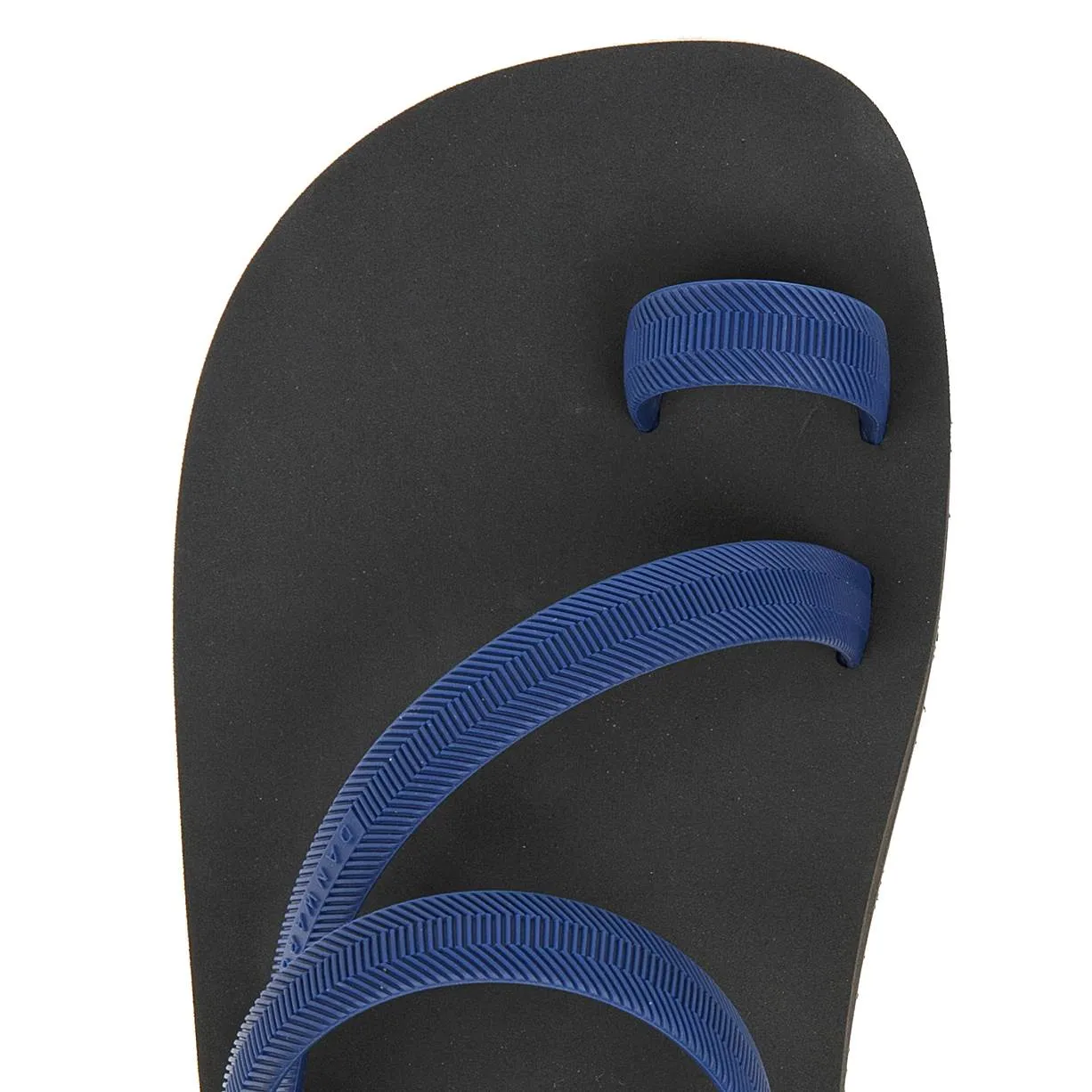 BICOLORED FLIP-FLOP WITH ASYMMETRIC CAGED UPPER,  BLACK WITH INDIGO