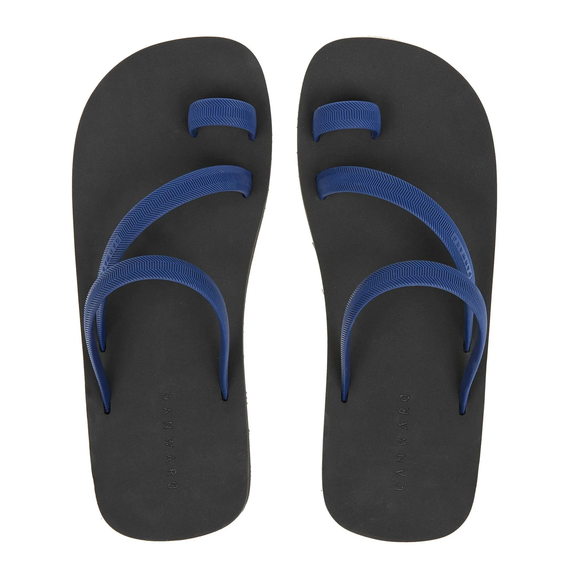BICOLORED FLIP-FLOP WITH ASYMMETRIC CAGED UPPER,  BLACK WITH INDIGO