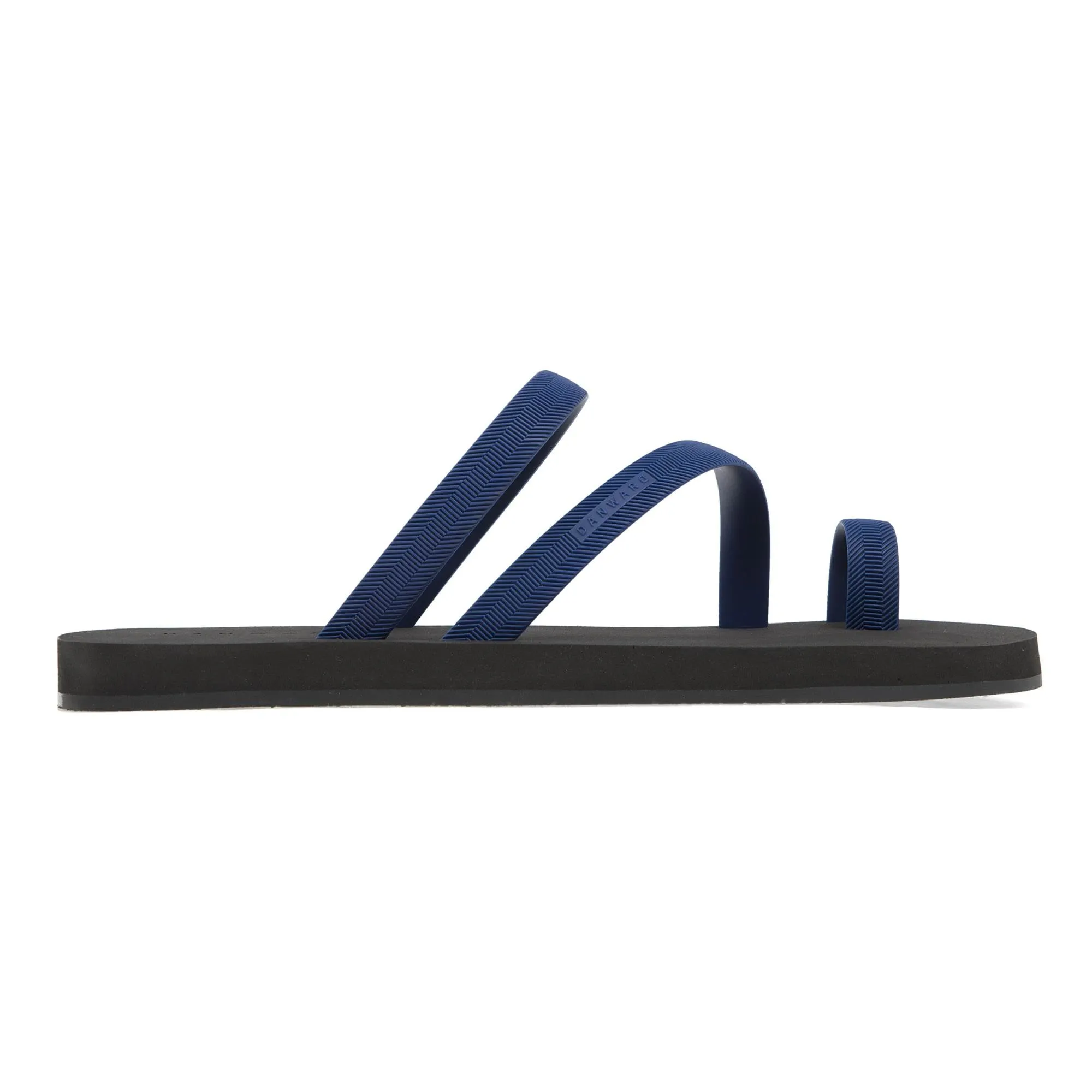 BICOLORED FLIP-FLOP WITH ASYMMETRIC CAGED UPPER,  BLACK WITH INDIGO