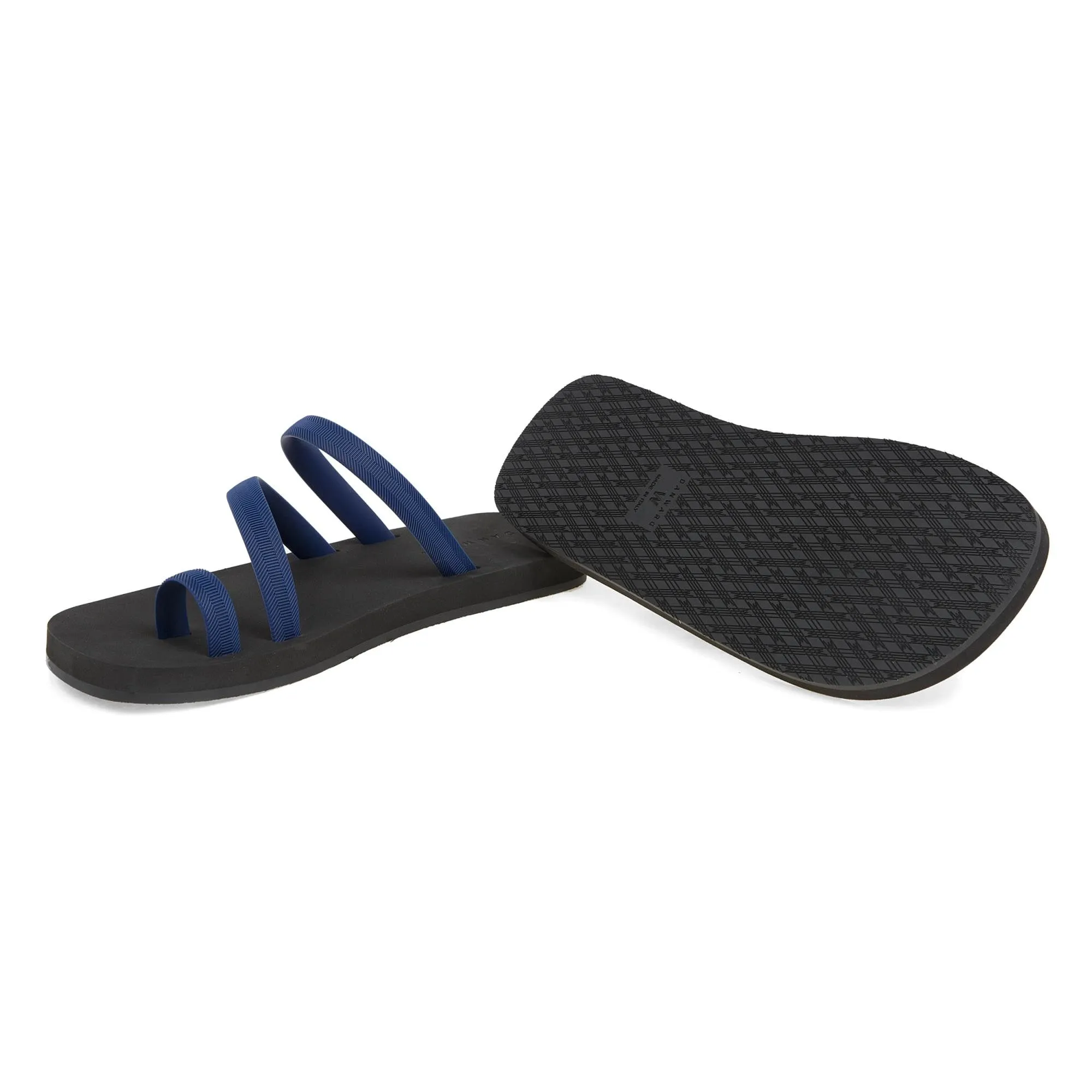 BICOLORED FLIP-FLOP WITH ASYMMETRIC CAGED UPPER,  BLACK WITH INDIGO