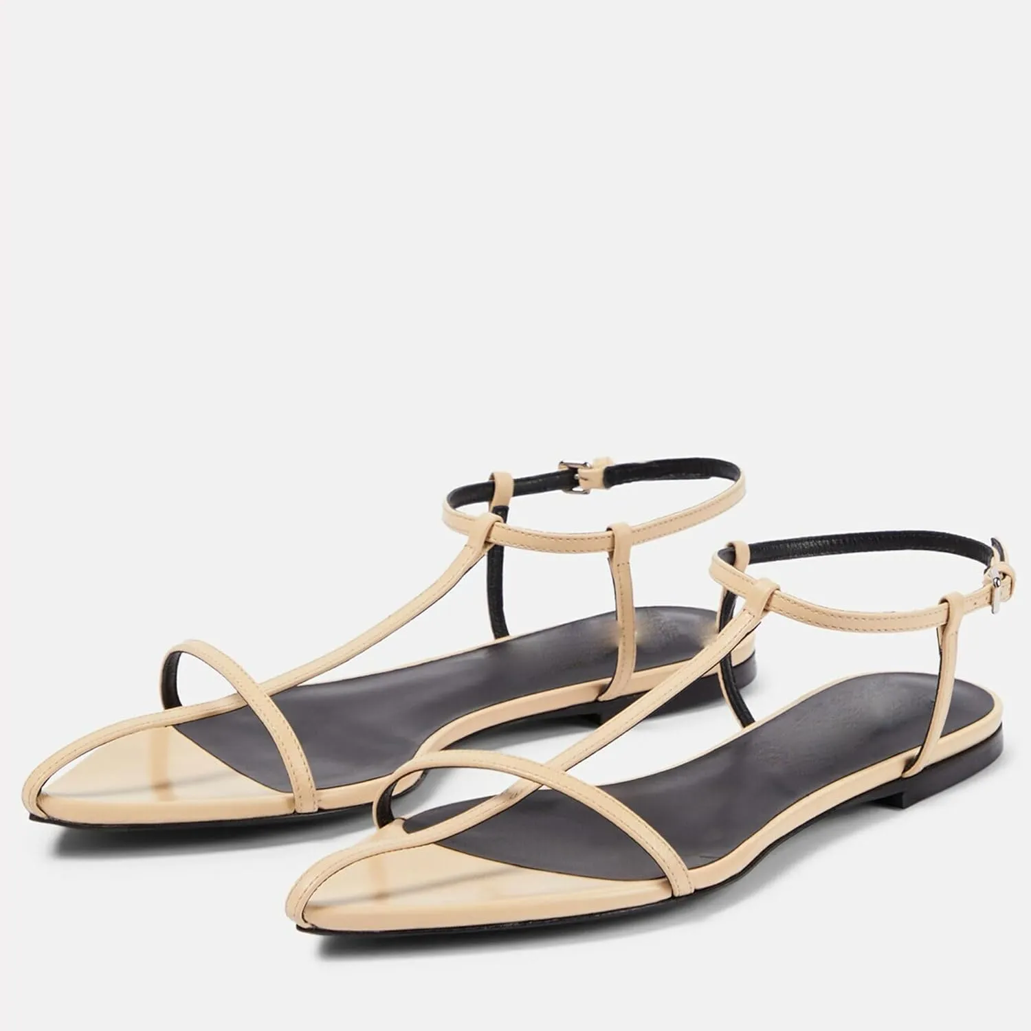 Black Flat Sandals for Women Adjustable Metallic Buckle Ankle Strap Slide Sandals Comfortable Pointed Open Toe Slip on Sandal