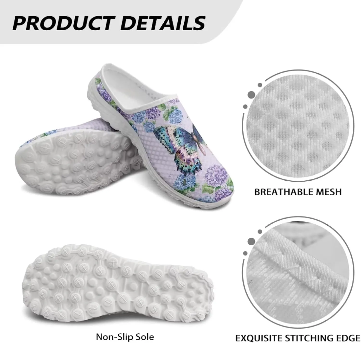 Butterfly Mule Tennis Shoes for Women Round Toe Classic Garden Clogs Lightweight Travel Shoes with EVA Sole