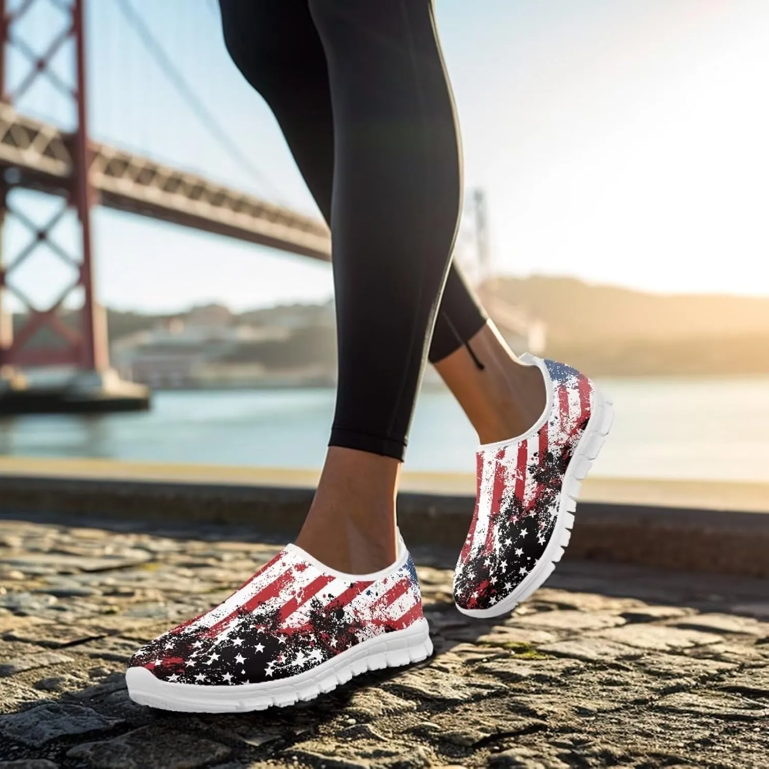 chaqlin Lace-Cut Shoes America Flag Fashion Slip On Flat Loafers for Women Men Comfy Wide Toe Work Shoe