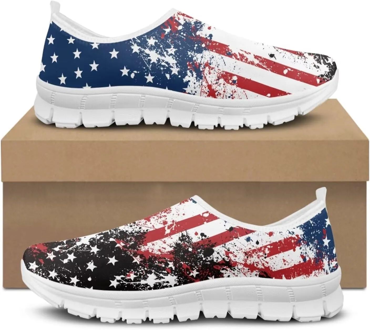 chaqlin Lace-Cut Shoes America Flag Fashion Slip On Flat Loafers for Women Men Comfy Wide Toe Work Shoe