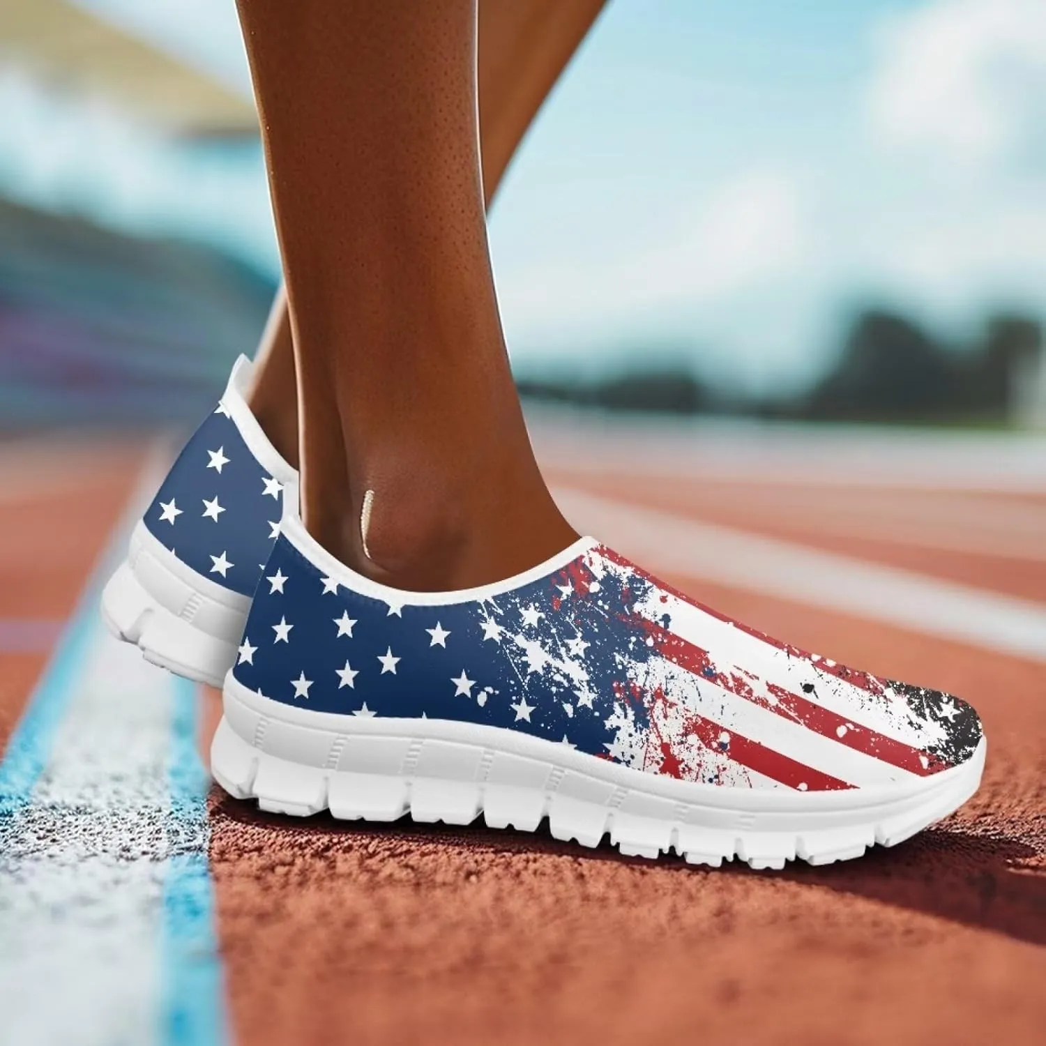 chaqlin Lace-Cut Shoes America Flag Fashion Slip On Flat Loafers for Women Men Comfy Wide Toe Work Shoe