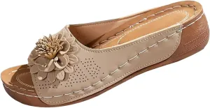 Chic Flower Sandals for Women Orthopedic Arch Support Leather Slippers Comfortable Non-Slip Solid Color Open-Toe Wedge Sandals Breathable Summer Orthotic Platform Wedge
