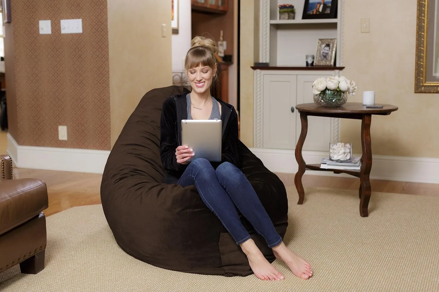 Chill Sack Huge Bean Bag Pillow – Oversized Shredded Foam Filled Lounge Seat, Ultra-Soft, Comfortable for Watching Movies, Yoga, Relaxation – Perfect for Living Room, Bedroom, Dorm, Pebble - Brown