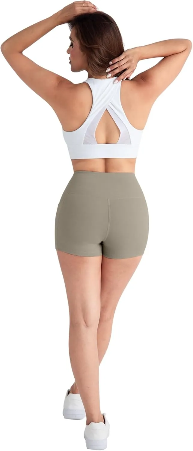 CHRLEISURE Womens Biker Yoga Shorts with Pockets: High Waisted Tummy Control Spandex Workout Athletic Gym Shorts 4 Packs