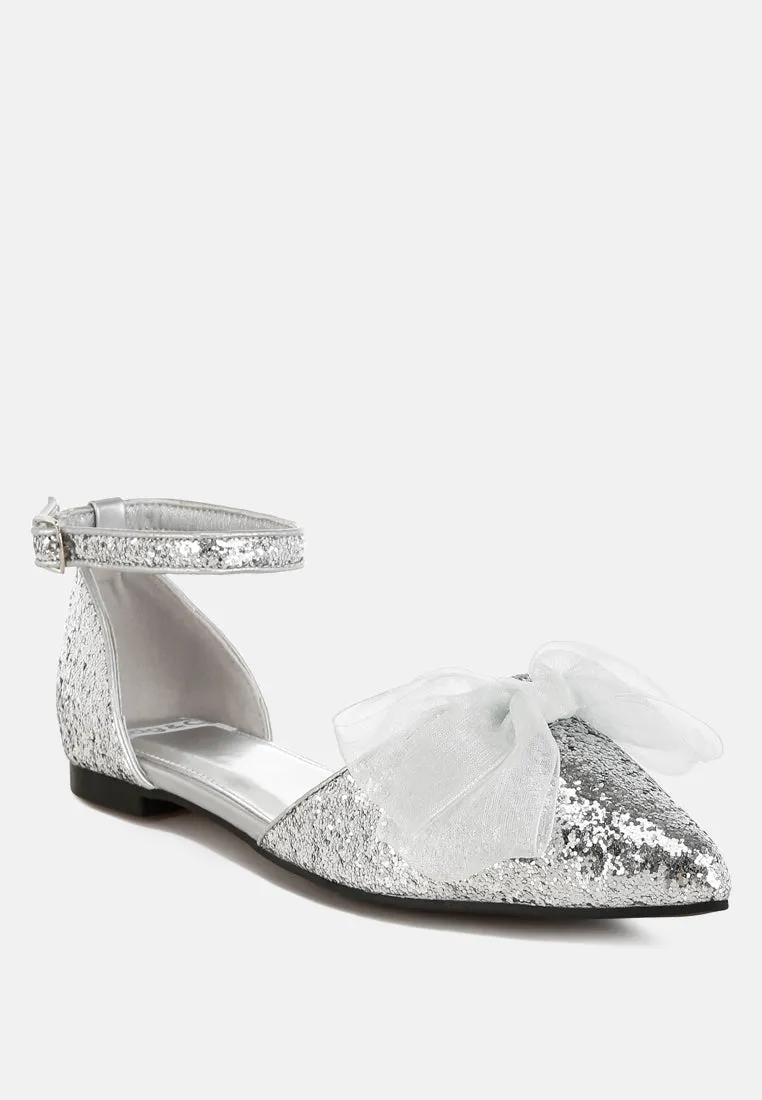 Clarice Sheer Bow Detail Glitter Flat Sandals