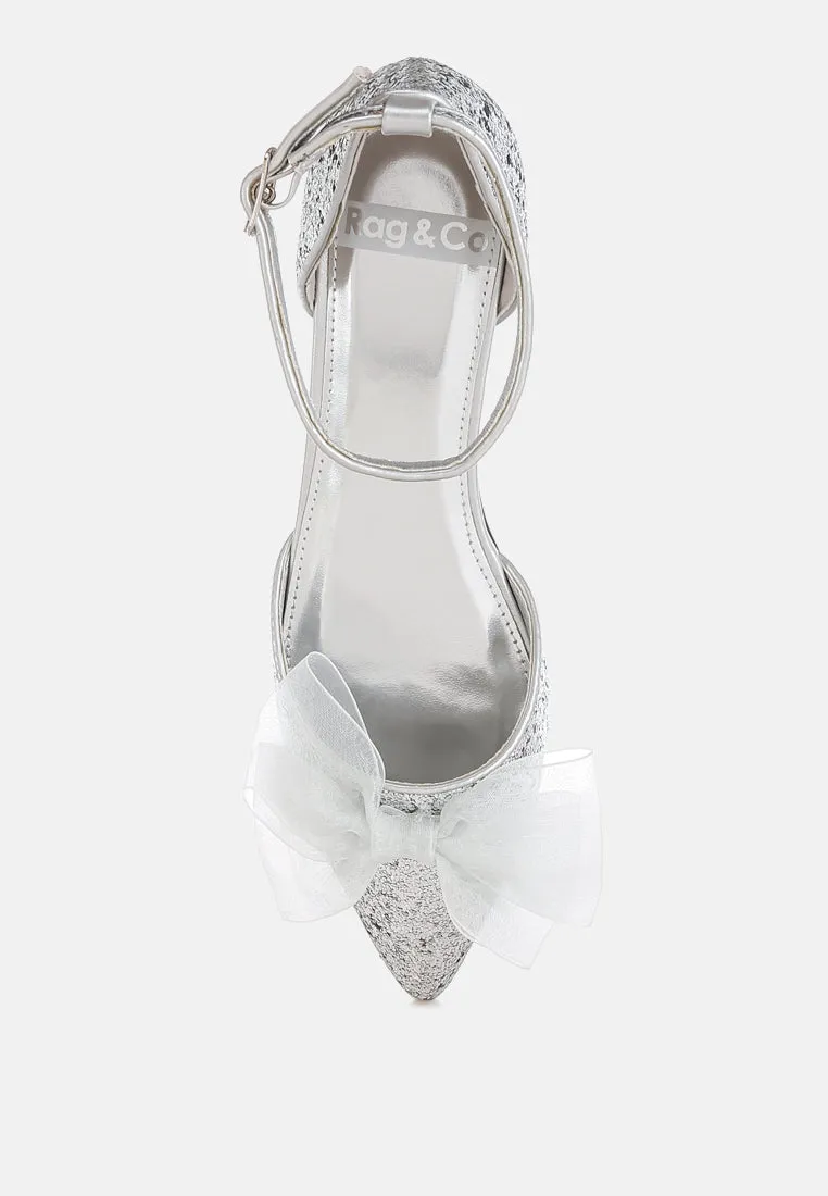 Clarice Sheer Bow Detail Glitter Flat Sandals