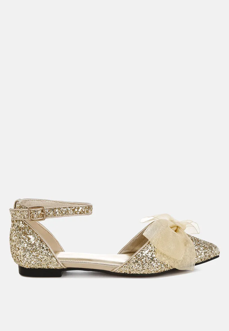 Clarice Sheer Bow Detail Glitter Flat Sandals