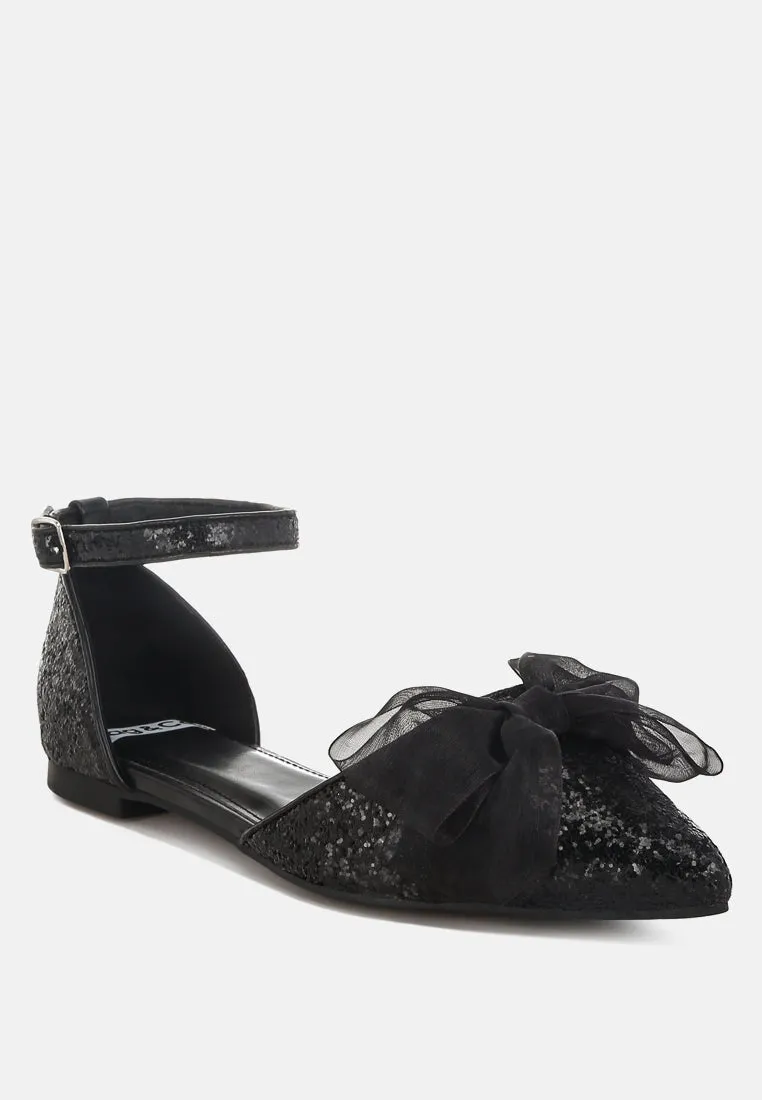 Clarice Sheer Bow Detail Glitter Flat Sandals