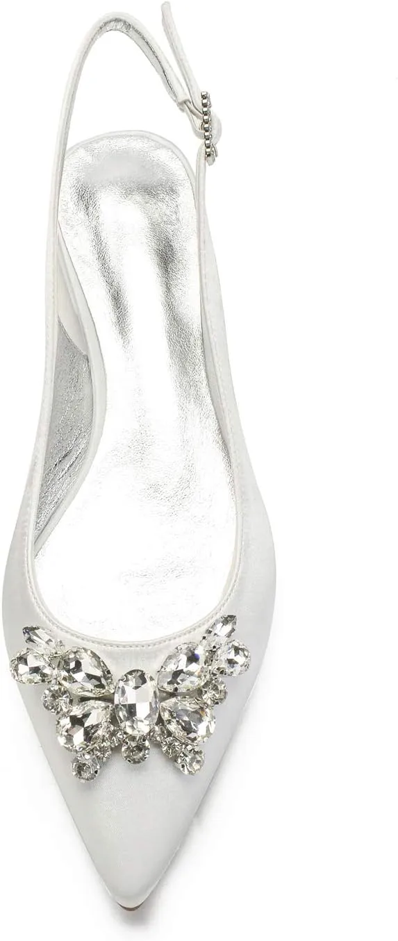 COMFASH Women's Slingback Flats Satin Pointed Toe Ballerina Walking Prom Evening Bridal Party Dress Flats Shoes, White