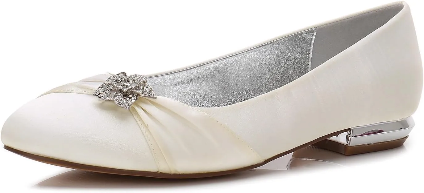 COMFASH Women's Wedding Shoes Satin Pointed Toe Bridal Sparkle Rhinestone Ballet Flats Pumps