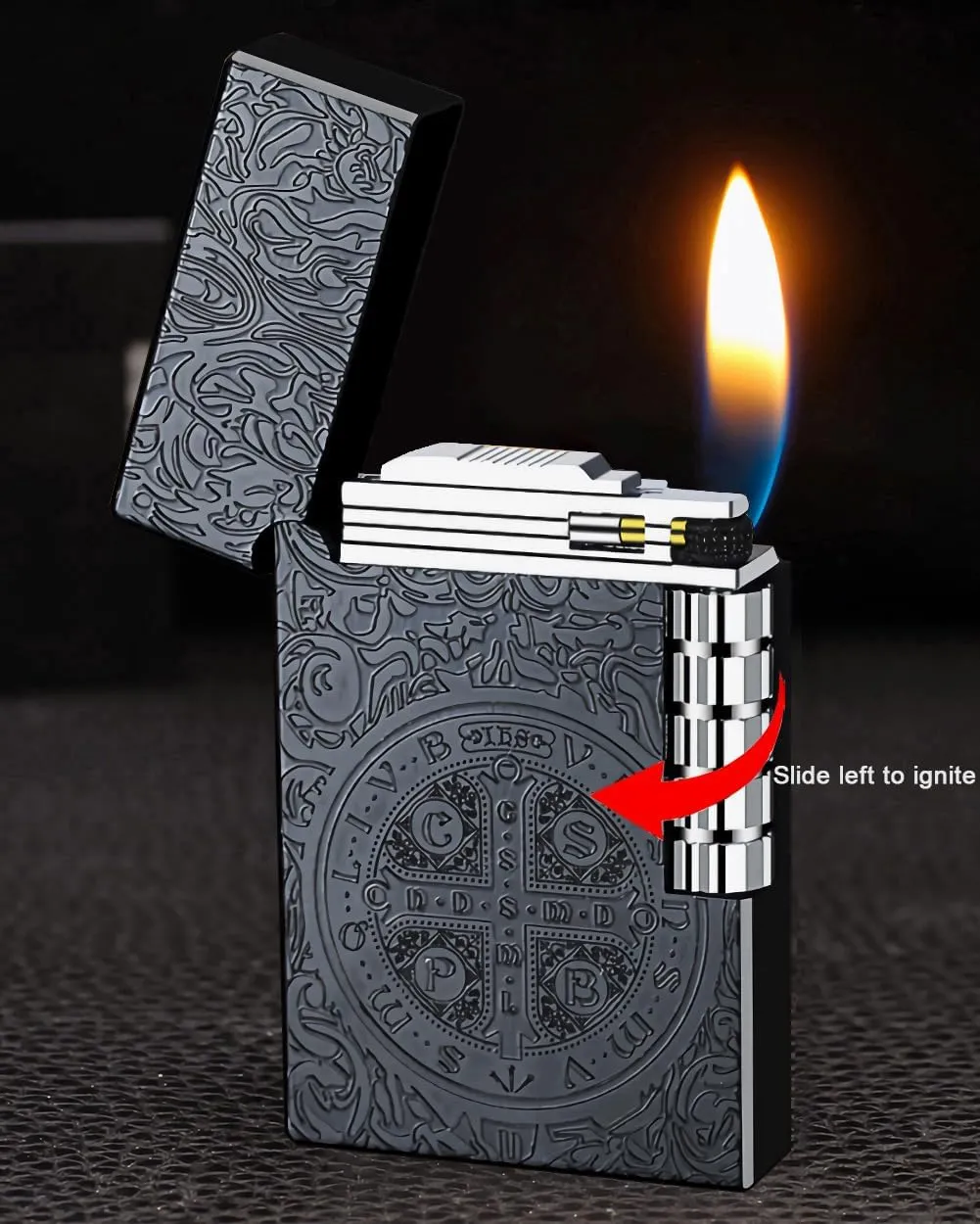 Constantine Lighter, Unique Side Wheel Trench Lighter, Refillable Butane Soft Fire Flip Lighters for Men Dad Husband Gift Collect (Black)