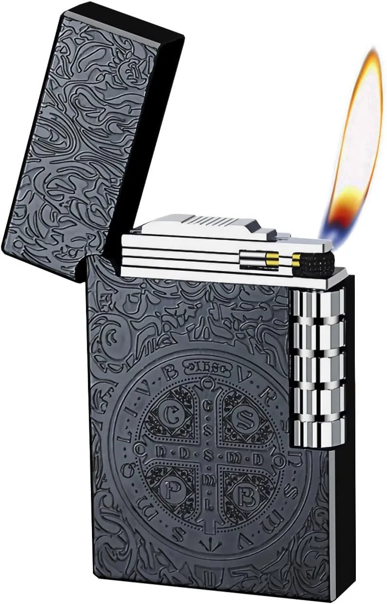 Constantine Lighter, Unique Side Wheel Trench Lighter, Refillable Butane Soft Fire Flip Lighters for Men Dad Husband Gift Collect (Black)