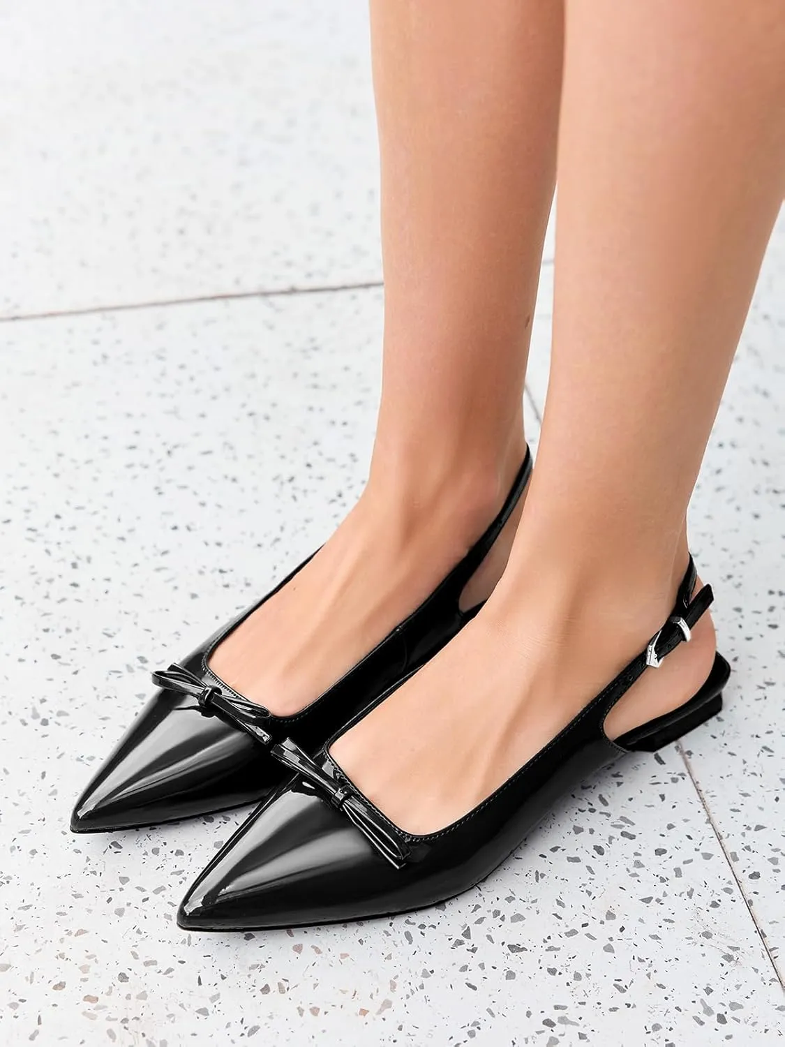 Coutgo Womens Slingback Flats Bow Slip on Dress Shoes Buckle Comfortable Ballet Flats Pointed Toe Flat Party Work Shoes