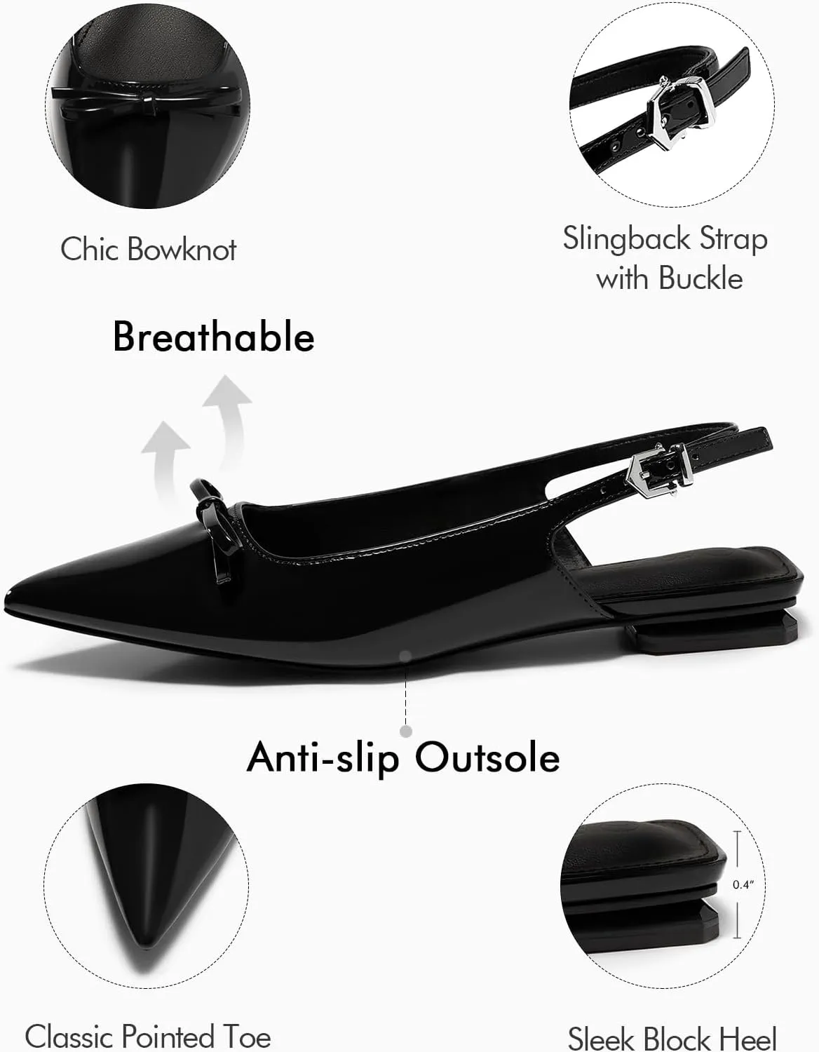 Coutgo Womens Slingback Flats Bow Slip on Dress Shoes Buckle Comfortable Ballet Flats Pointed Toe Flat Party Work Shoes