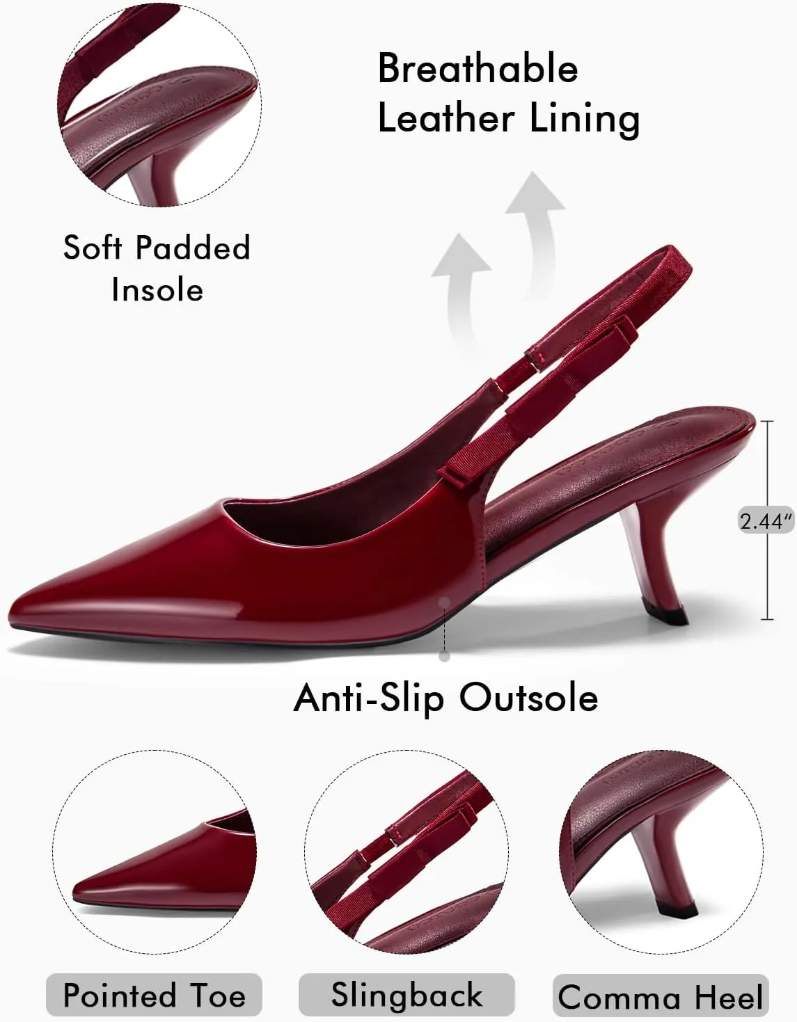 Coutgo Womens Slingback Kitten Heels Closed Pointed Toe Bowknot Patent Leather Slip on Work Pumps Dress Shoes