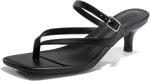 Coutgo Womens Strappy Kitten Heels Flip Flops Square Open Toe Low Heels Fashion Party Dress Thong Heeled Sandals