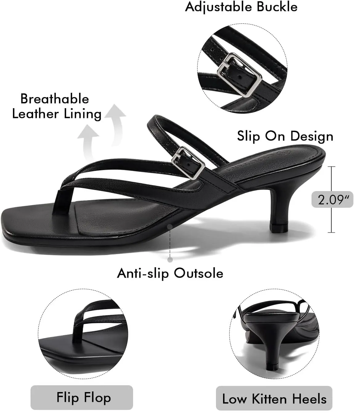 Coutgo Womens Strappy Kitten Heels Flip Flops Square Open Toe Low Heels Fashion Party Dress Thong Heeled Sandals