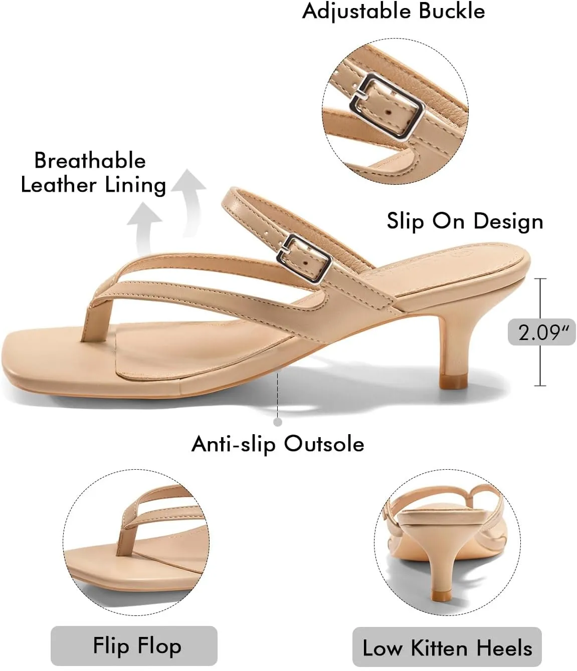 Coutgo Womens Strappy Kitten Heels Flip Flops Square Open Toe Low Heels Fashion Party Dress Thong Heeled Sandals