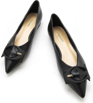 C.Paravano Ballet Pointed Toe Leather Flats - Comfortable Slip On Work Flats for Women (Size 10.5, Black, Grain)