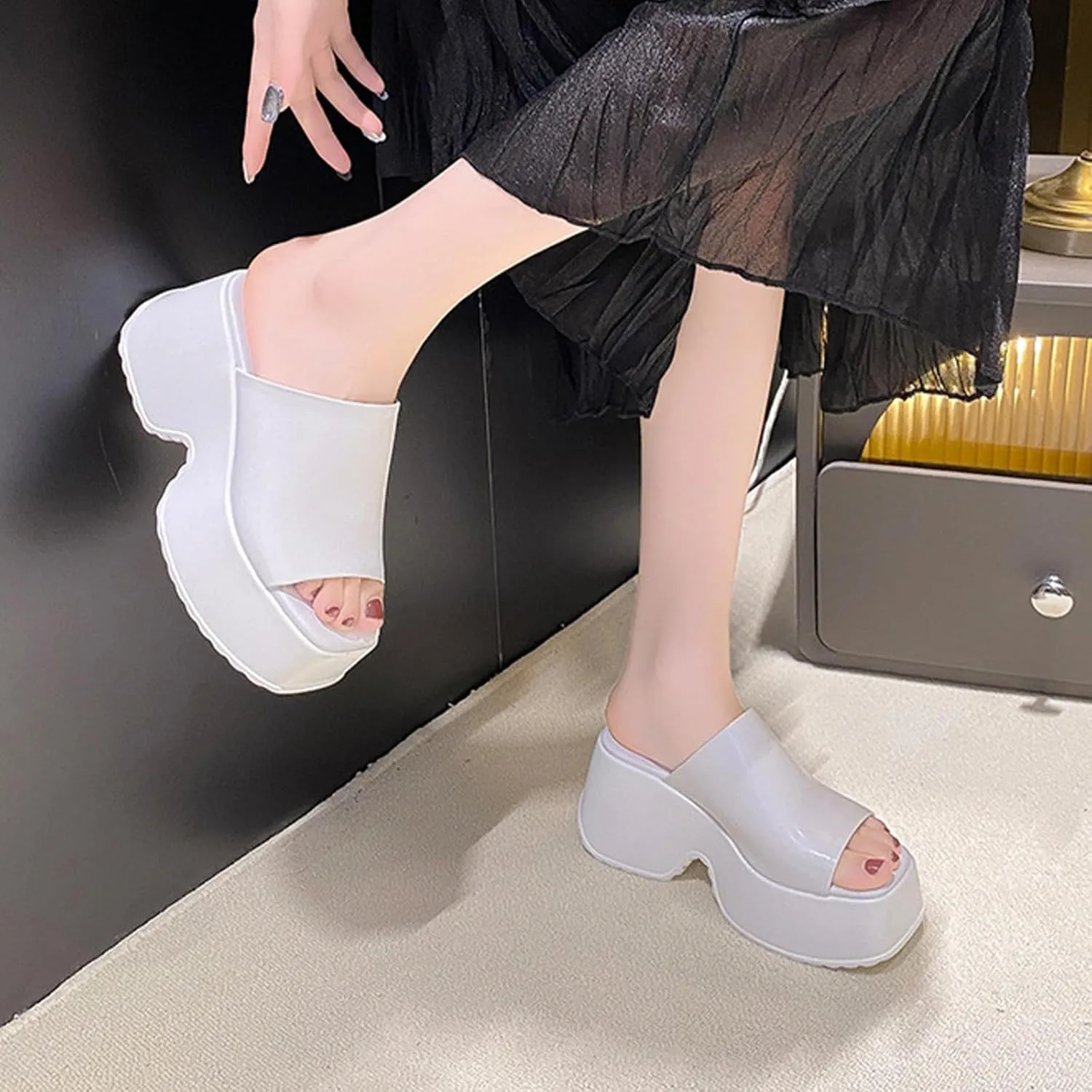 Crepuscute Women's Fish Mouth Platform Wedge Slides Sandals Backless Comfortable Slip On Fashion Sandals Summer Beach Party Casual Slippers