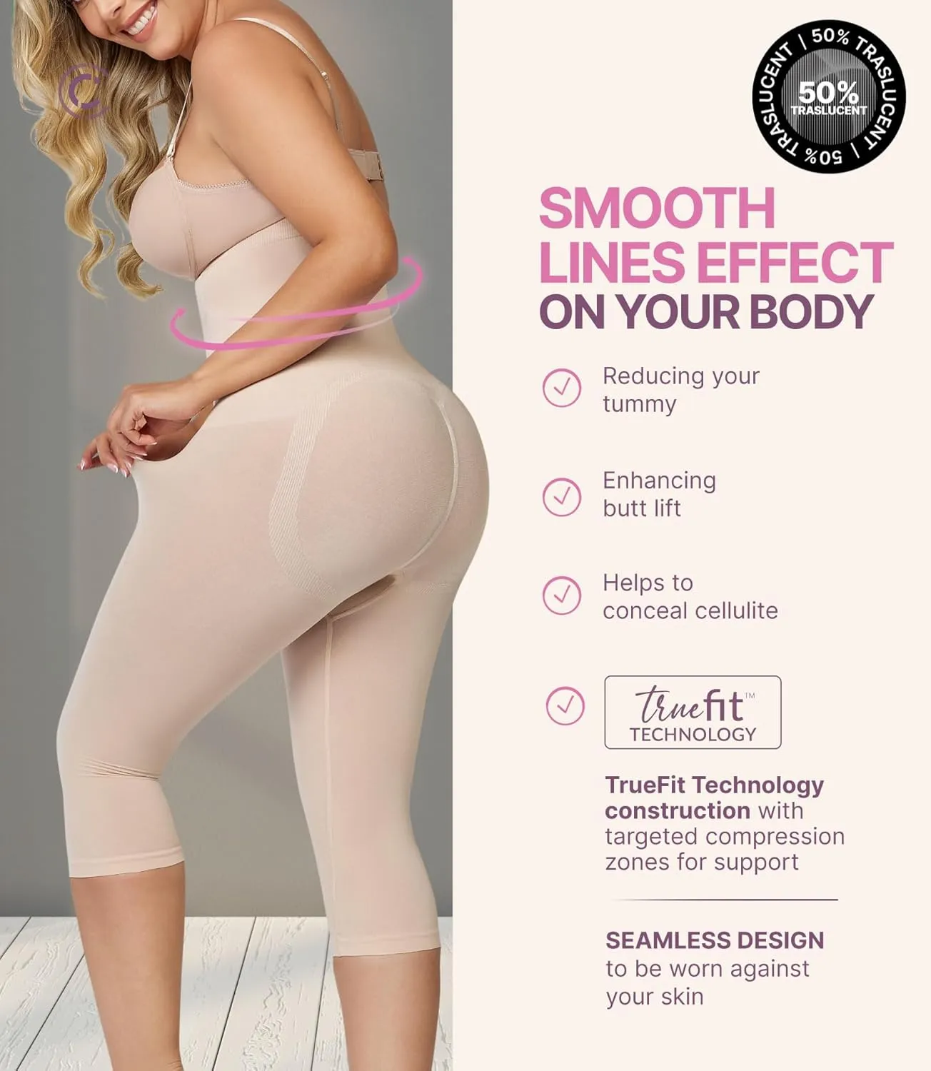 CURVEEZ High-Waisted Shapewear for Women, Tummy Control Compression Leggings with Thong, Butt Lifting Body Shaper, Seamless