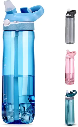 DEARART 24oz Water Bottles With Straw, 100% Leakproof BPA FREE Hidden Nozzle, Flip Up Clear Water Bottle With Handle Easy Carried, Suit Office Sports Travel Gym Yoga, Light Blue