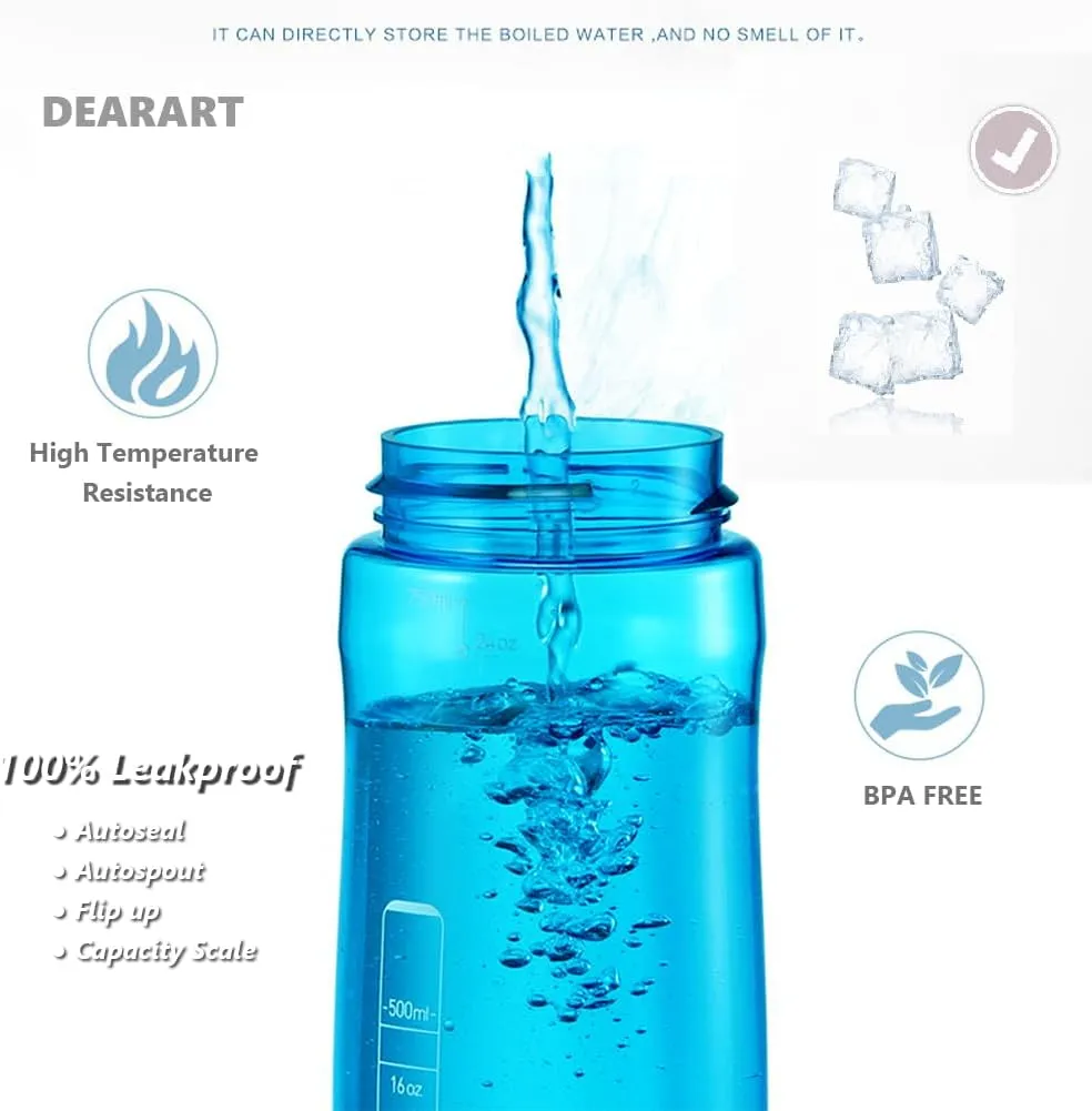 DEARART 24oz Water Bottles With Straw, 100% Leakproof BPA FREE Hidden Nozzle, Flip Up Clear Water Bottle With Handle Easy Carried, Suit Office Sports Travel Gym Yoga, Light Blue