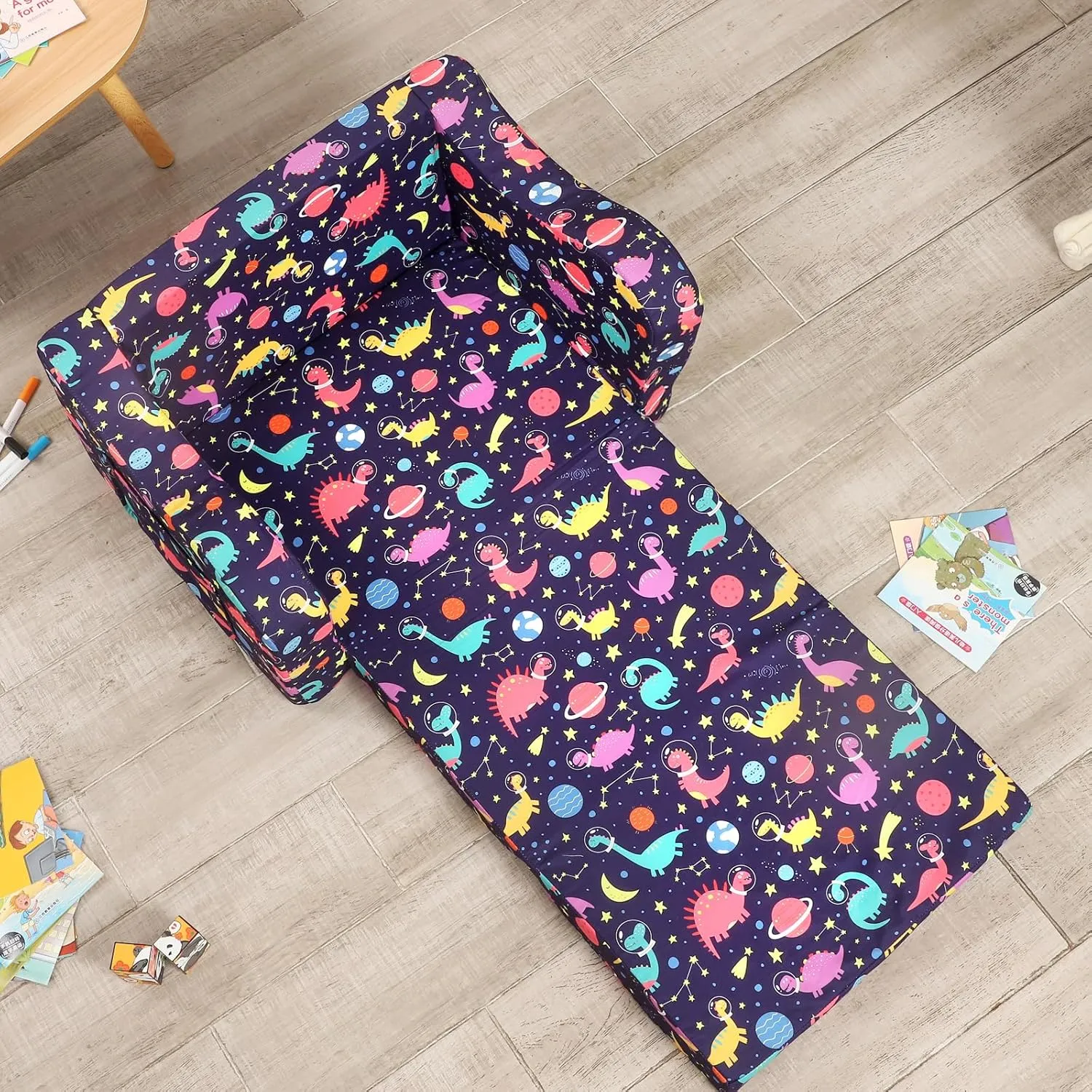 Dinosaur Kids Sofa, 2-in-1 Kids Couch Fold Out, Convertible Sofa to Bed for Girls and Boys