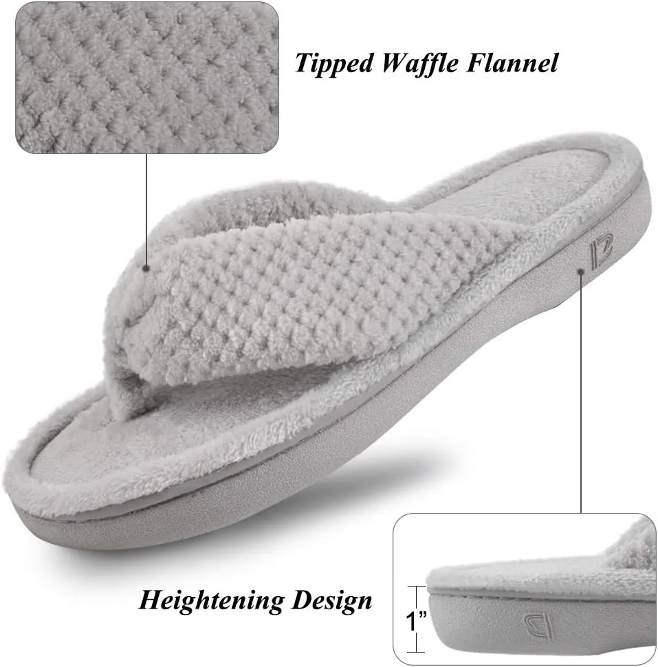 DL Women's Flip Flop Memory Foam Slippers with Cozy Terry Lining Soft Thong Slippers Slip on House Shoes with Indoor Outdoor Arch Support Rubber Sole