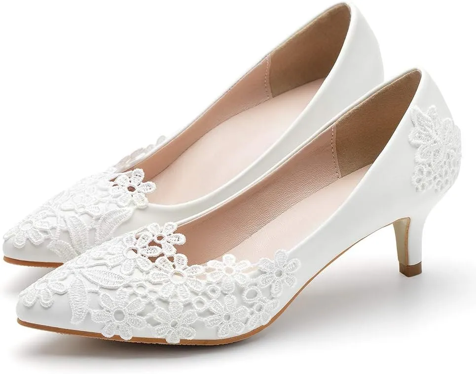 Dress First Women Low Heel Closed Toe Pumps Pointy Wedding Bridal Shoes with Stitching Lace