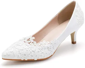 Dress First Women Low Heel Closed Toe Pumps Pointy Wedding Bridal Shoes with Stitching Lace