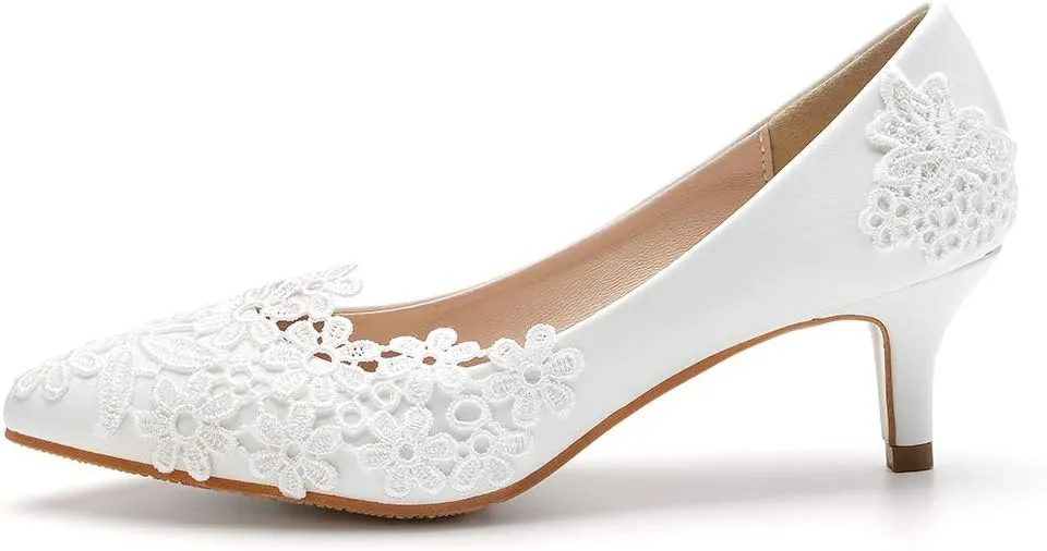 Dress First Women Low Heel Closed Toe Pumps Pointy Wedding Bridal Shoes with Stitching Lace
