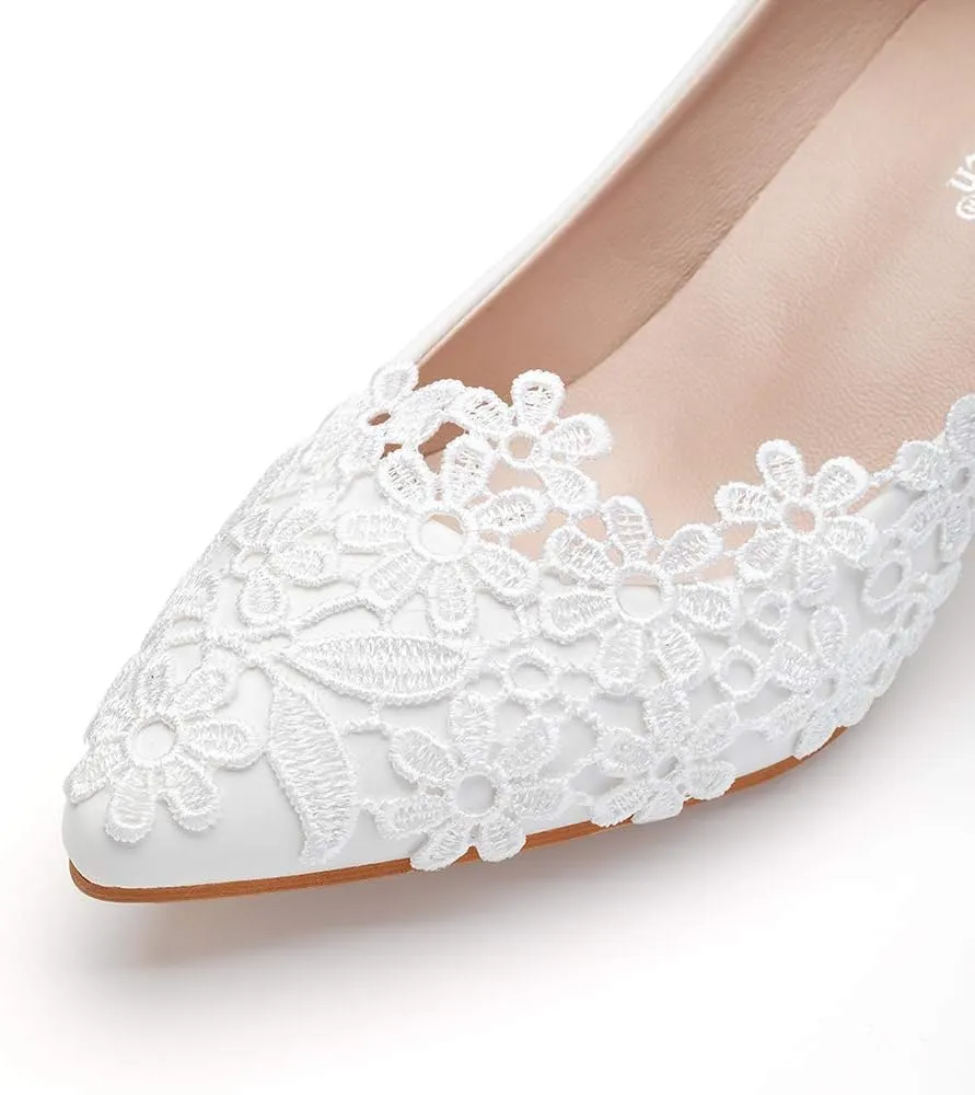 Dress First Women Low Heel Closed Toe Pumps Pointy Wedding Bridal Shoes with Stitching Lace