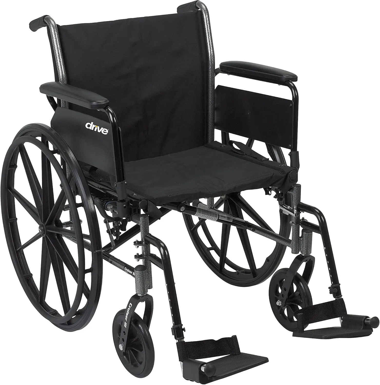 Drive Medical Cruiser III Light Weight Wheelchair with Various Flip Back Arm Styles and Front Rigging Options, Flip Back Removable Full Arms/Swing away Footrests, Black, 20 Inch