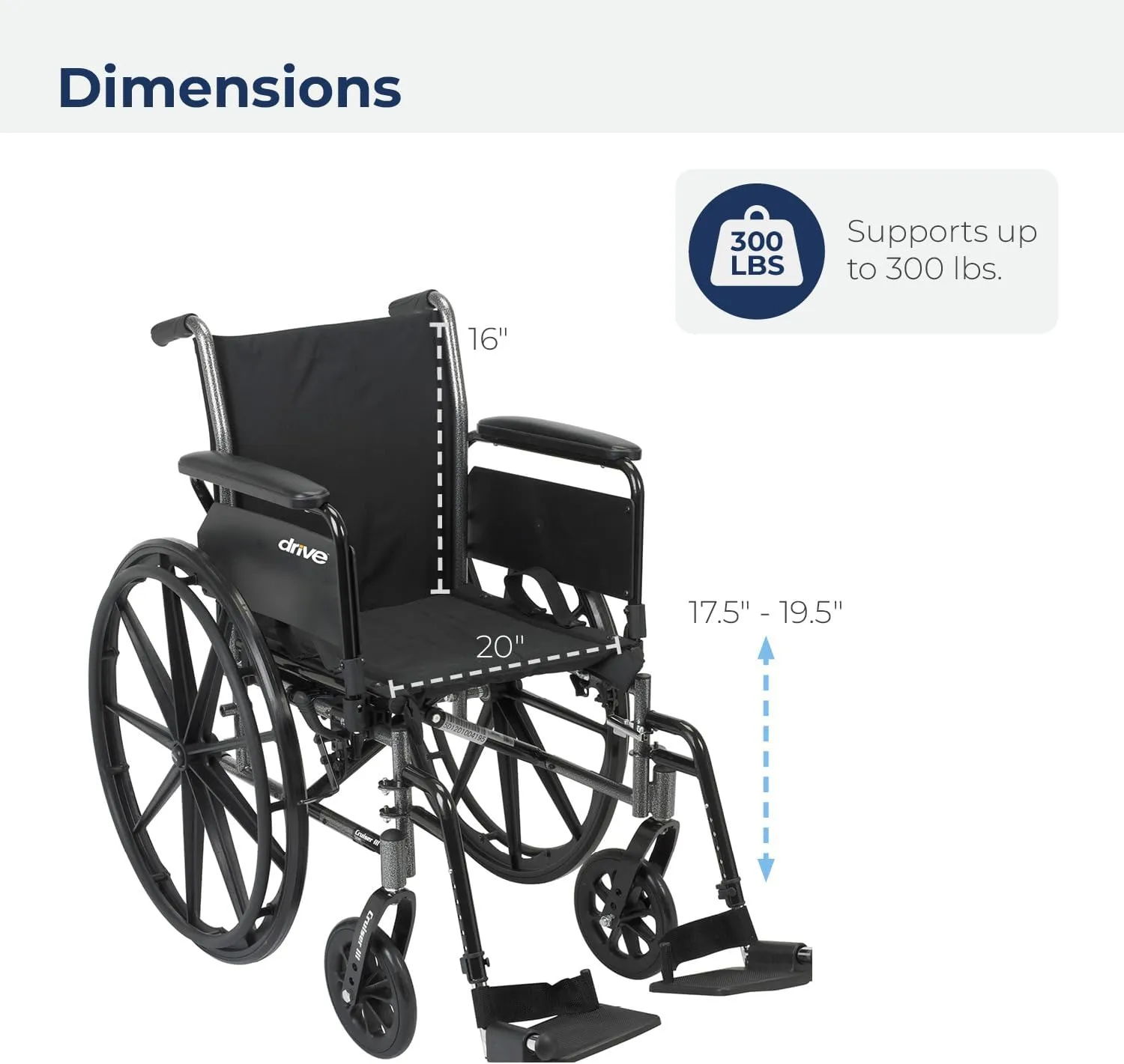 Drive Medical Cruiser III Light Weight Wheelchair with Various Flip Back Arm Styles and Front Rigging Options, Flip Back Removable Full Arms/Swing away Footrests, Black, 20 Inch