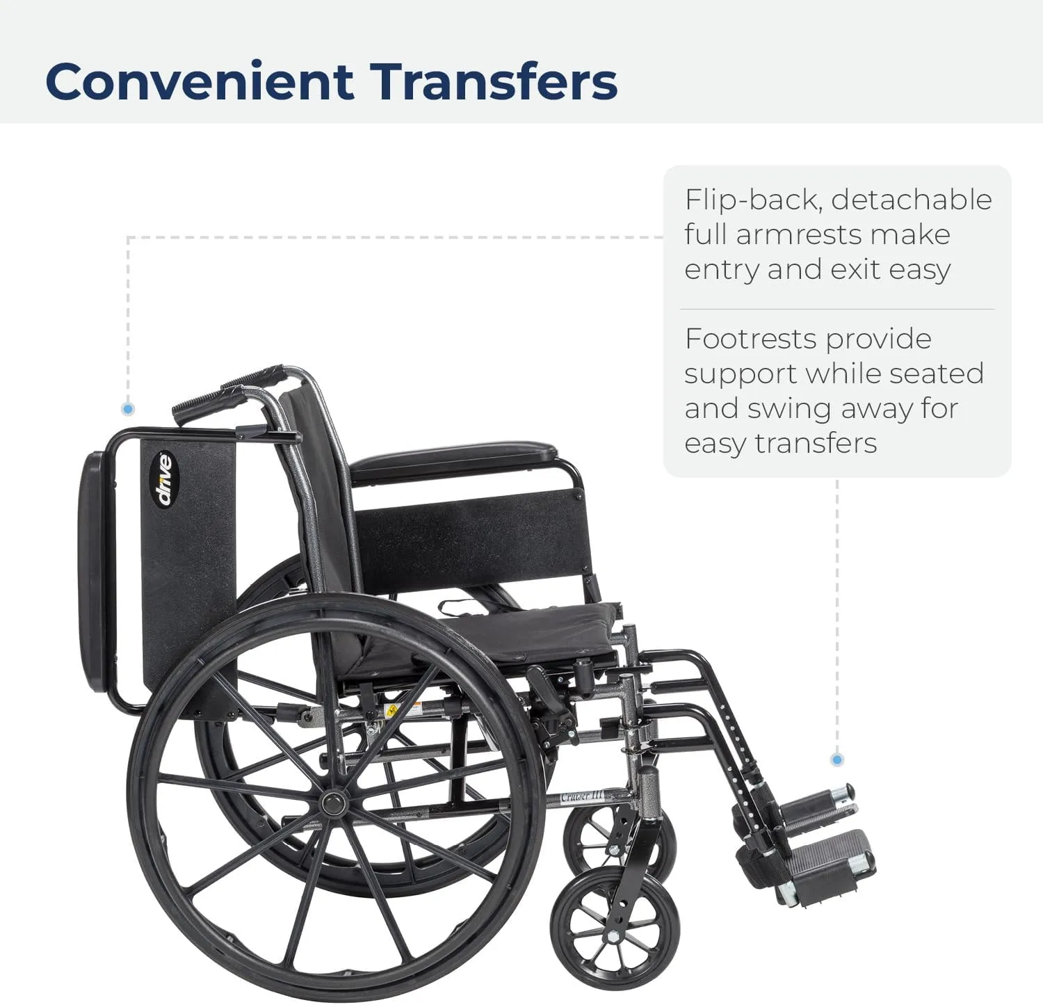 Drive Medical Cruiser III Light Weight Wheelchair with Various Flip Back Arm Styles and Front Rigging Options, Flip Back Removable Full Arms/Swing away Footrests, Black, 20 Inch