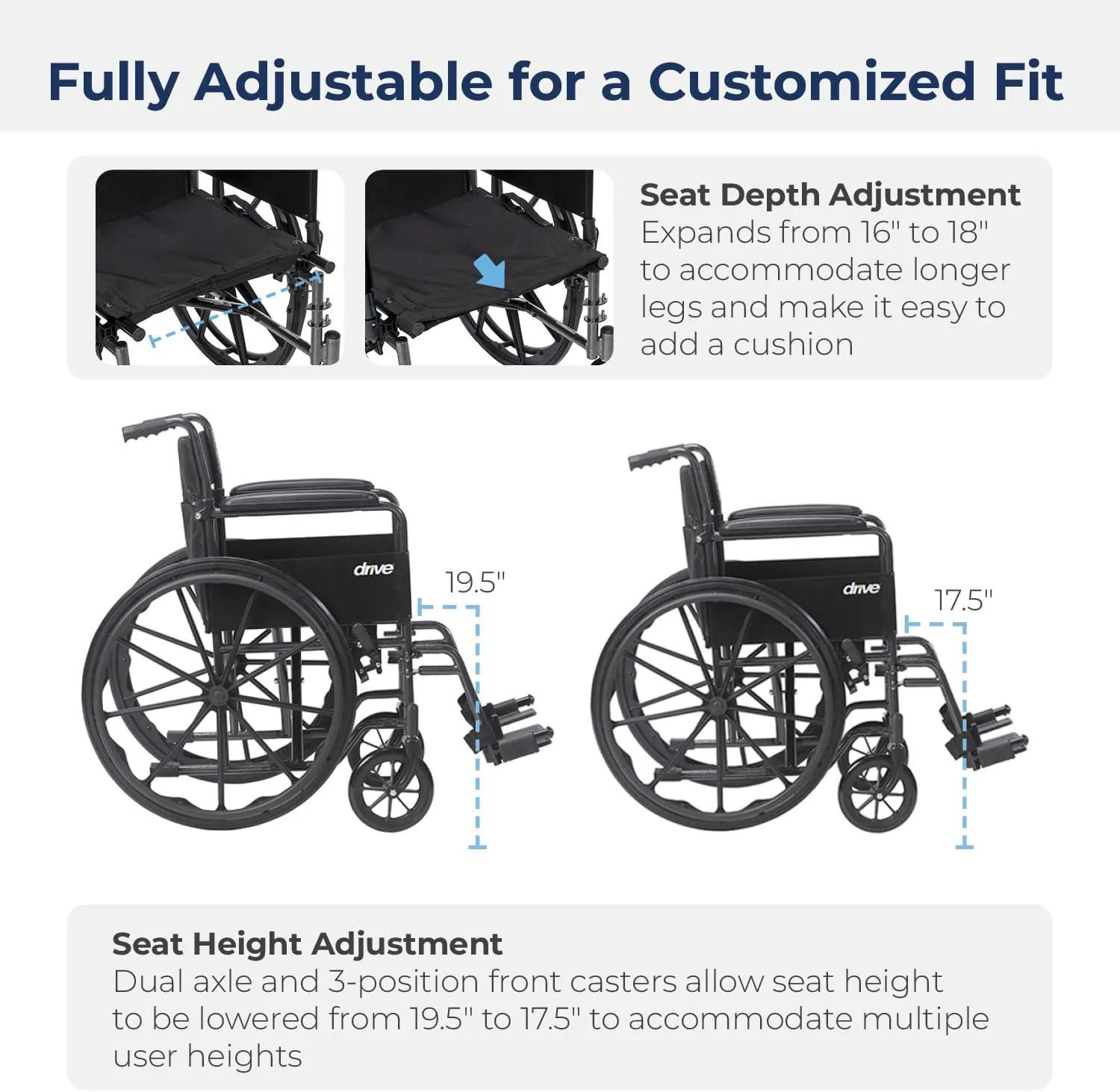 Drive Medical Cruiser III Light Weight Wheelchair with Various Flip Back Arm Styles and Front Rigging Options, Flip Back Removable Full Arms/Swing away Footrests, Black, 20 Inch