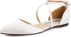 ELEGANTPARK FC2322 Comfortable Satin Pointed Toe Flats for Women Ankle Straps Wedding Flats for Bride Shoes Evening Party Guest Shoes for Women Dressy Low Heel